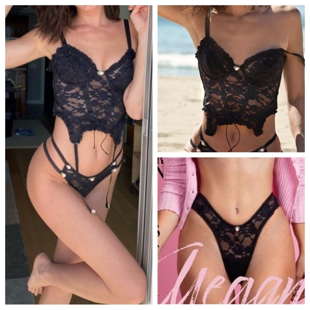 New! SET For Love And Lemons Lou Black Lace Bra Panty 1255